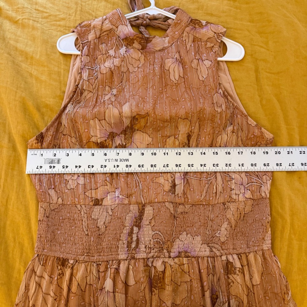 BHLDN Bronze High Neck Floral Metallic Maxi Dress XL Open Back Smocked Waist - Picture 5 of 6